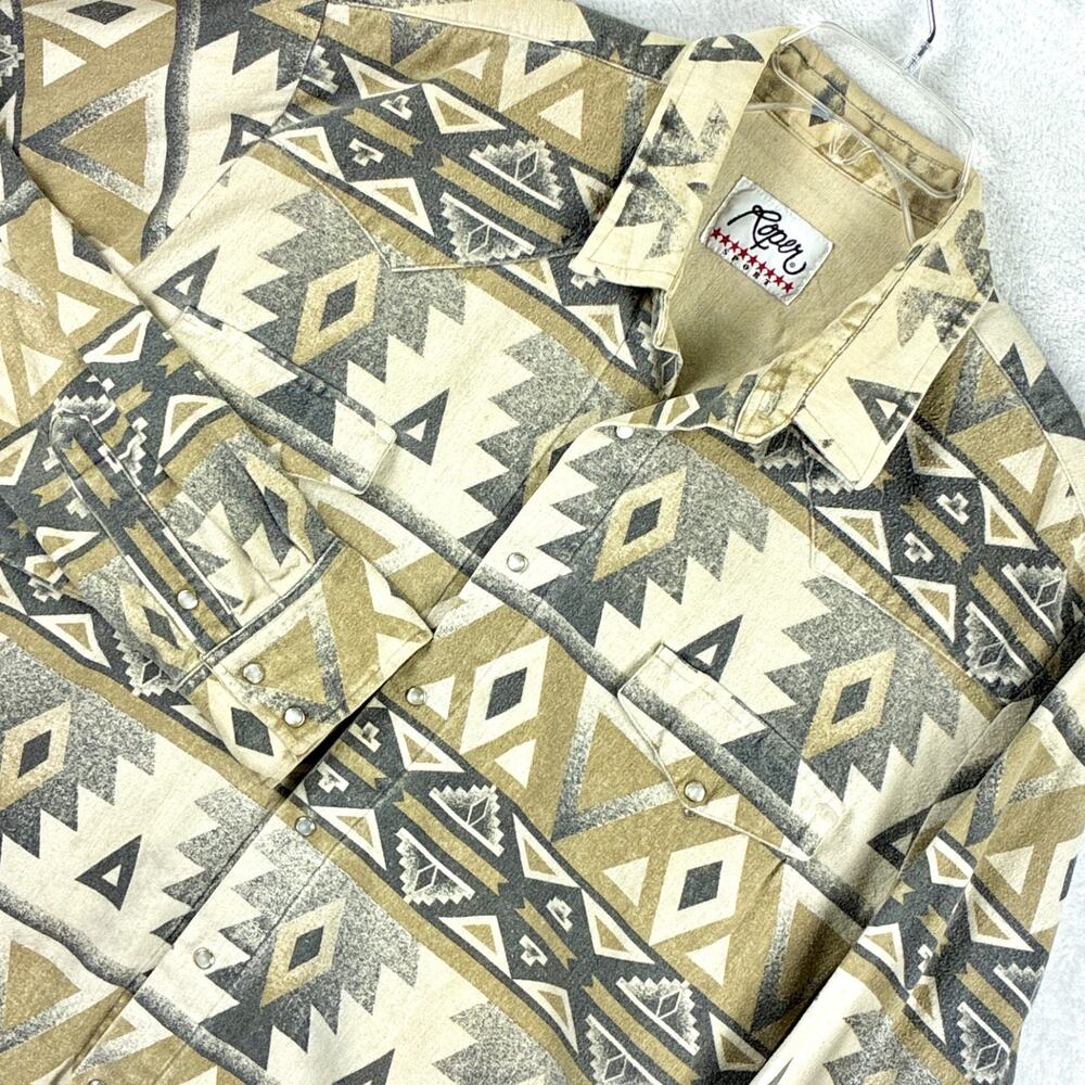 VTG Roper Flannel Shirt Mens L Beige Gray Pearl Snap Western Aztec Southwestern